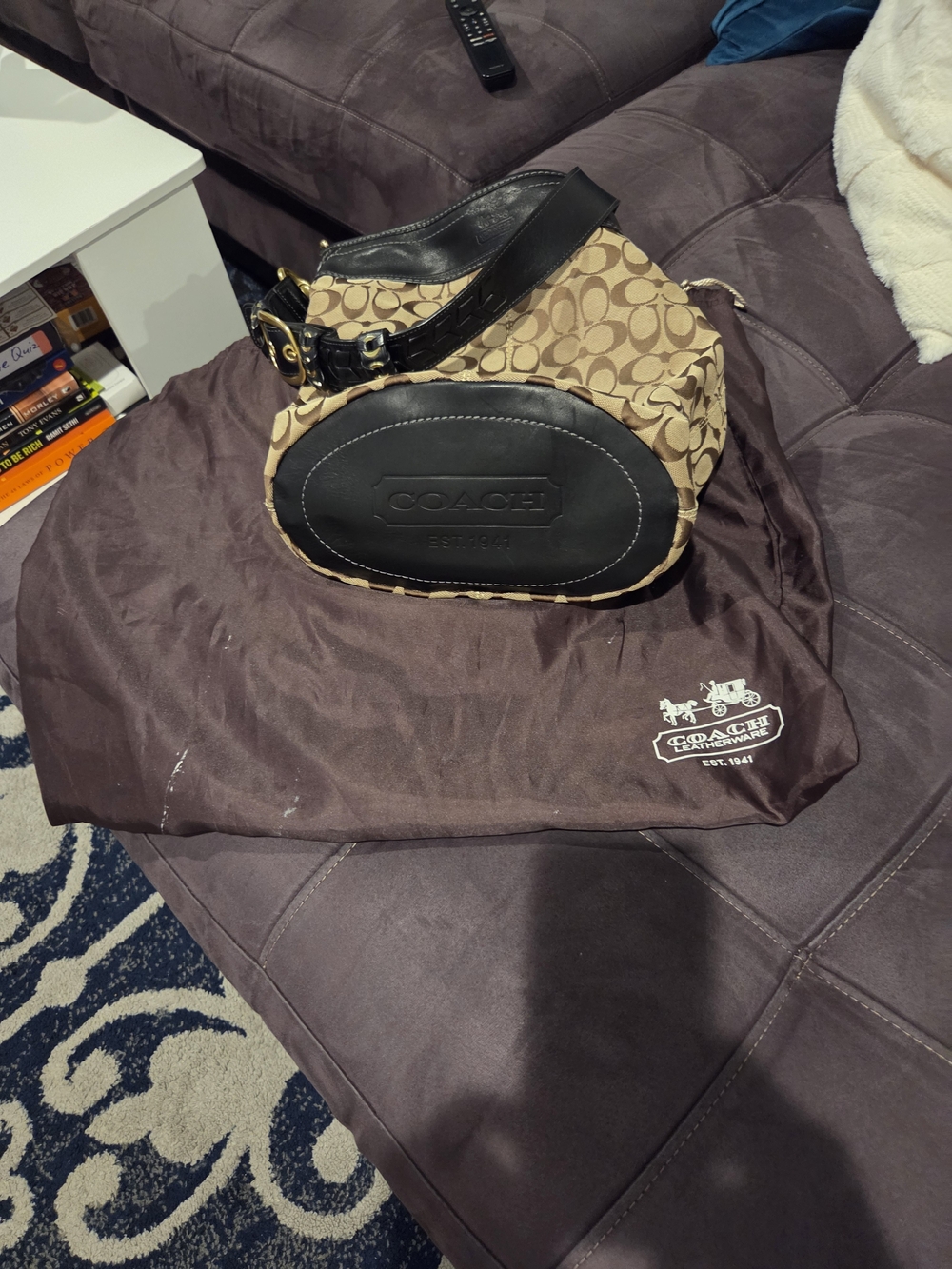 Coach Tan Signature Canvas Hobo with Black Leather Trim - Picture 3 of 6